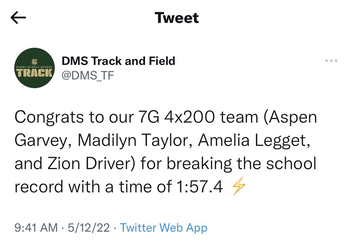 Mattgg1984's tweet photo. Sorry but I am bragging on my daughter again! Miss Aspen and her teammates broke the DMS 4x2 relay record! That’s the 2nd record Aspen broke this year! #RunAspenRun #prouddad https://t.co/AloILRBmE9