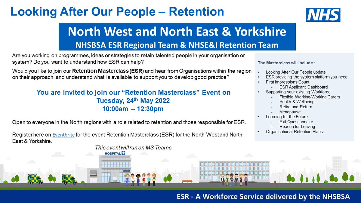 mwins409's tweet photo. Are you looking for ways to support your local NHS Retention plan? How can ESR help you deliver these plans? Please sign up to this Masterclass https://t.co/Nb3IoFpnGt https://t.co/bzRSiWk2Qh