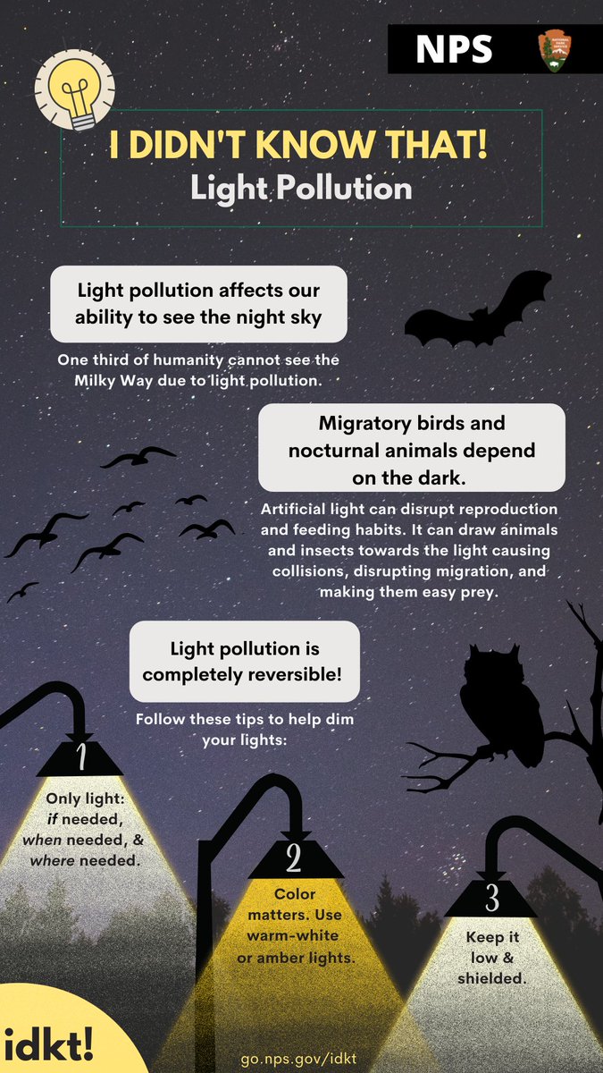 NatureNPS's tweet photo. #DYK that billions of birds migrate at night? Light pollution can disrupt migration and harm nocturnal animals. Find out how you can #DimLightsForBirds: https://t.co/5ndLqUUwyS 

Don't forget to screenshot this card and pass these tips along! 💡#IDKT  #WMBD2022 https://t.co/ugglc8ufxl