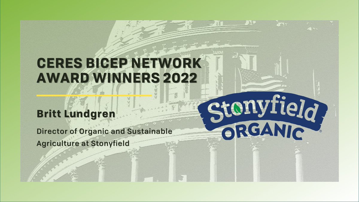 Stonyfield's tweet photo. Thrilled to share that @StonyfieldBritt, our Sr. Director of Sustainability, has been awarded the @CeresNews Climate Smart Agriculture Groundbreaker Award! Together, we are honored and will continue to advocate for climate action and sustainable agriculture #GoodonPurpose 💚 https://t.co/HjIUwMeyy5