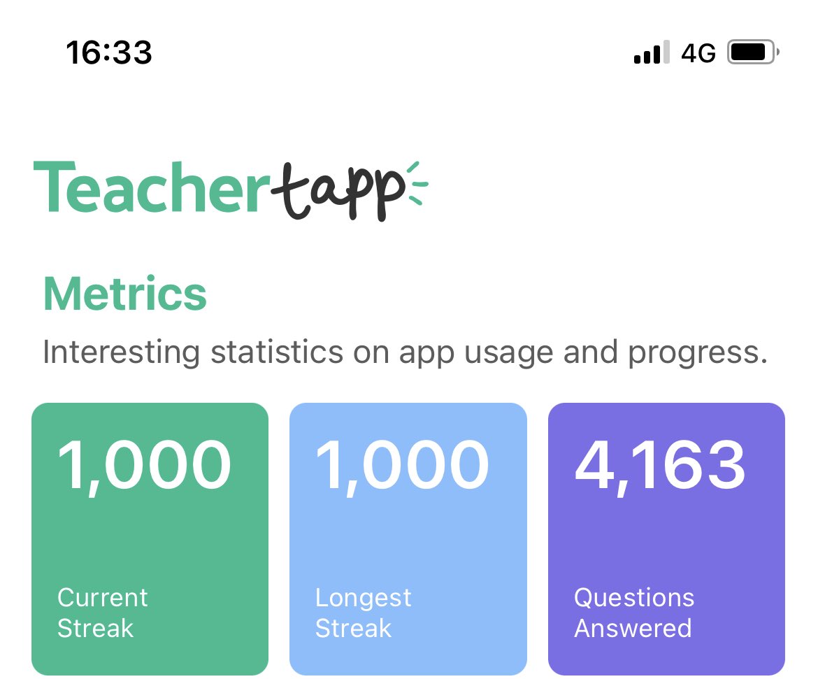 MissRCarrington's tweet photo. ⁦@TeacherTapp⁩ reached a streak of 1000 today, very satisfying! 🤓 https://t.co/kmf7muF52c