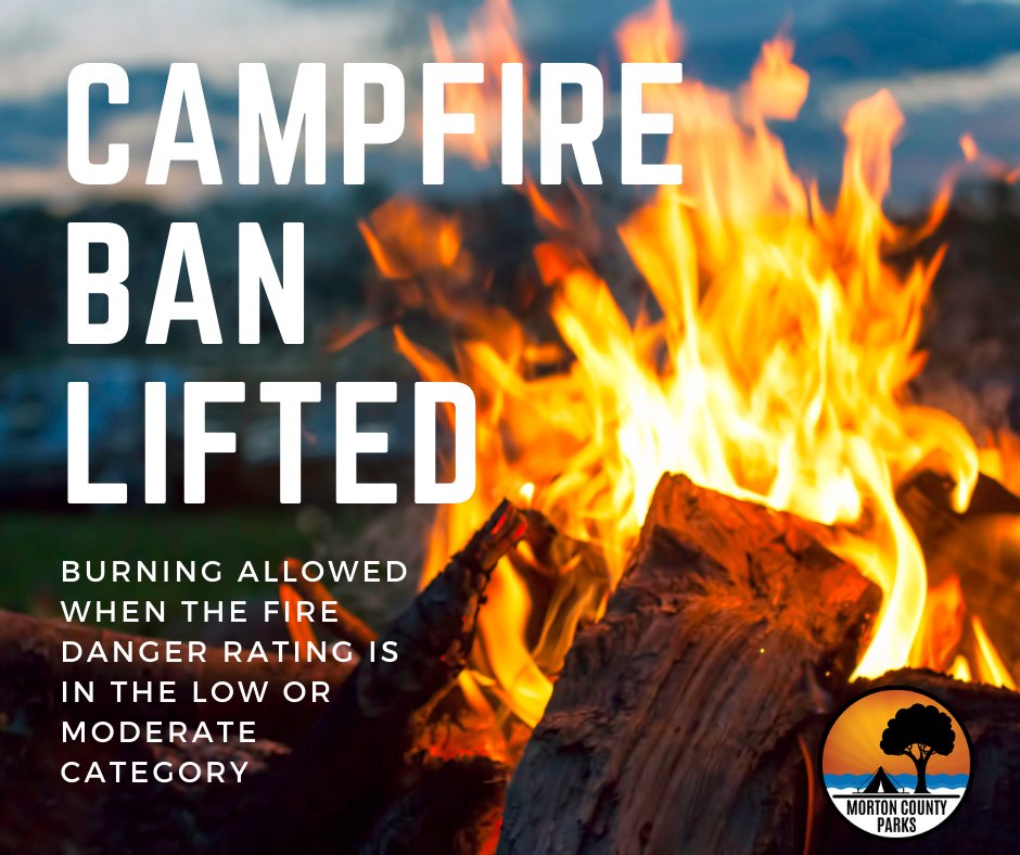 MortonCountyGvt's tweet photo. #GOODNEWS With our recent snow and rainfall, our Morton County Parks received some much needed moisture. This allows us to lift the campfire ban when the fire danger rating is in the LOW or MODERATE category. Check daily rating https://t.co/uuSjeGQ5Hn. https://t.co/6AhlCXOfKc
