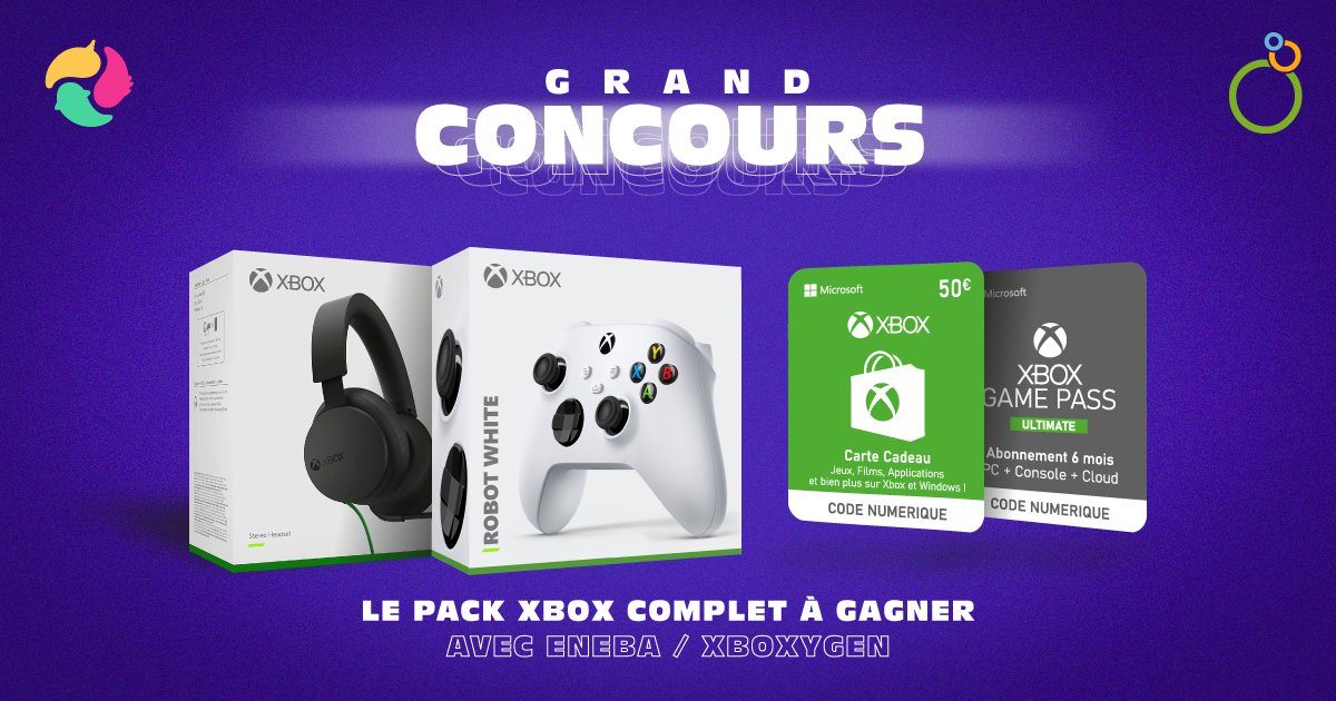 Xboxygen's tweet image. 🎁#CONCOURS🎁

Un gros pack #Xbox est à gagner !

▪ Casque Xbox officiel
▪ Manette Xbox Robot White
▪ 50 € à dépenser sur le Store Xbox
▪ 6 mois de #XboxGamePass Ultimate

🔁 RT ce tweet
✅ Follow @Xboxygen et @EnebaFr 

🍀 TAS 24/05