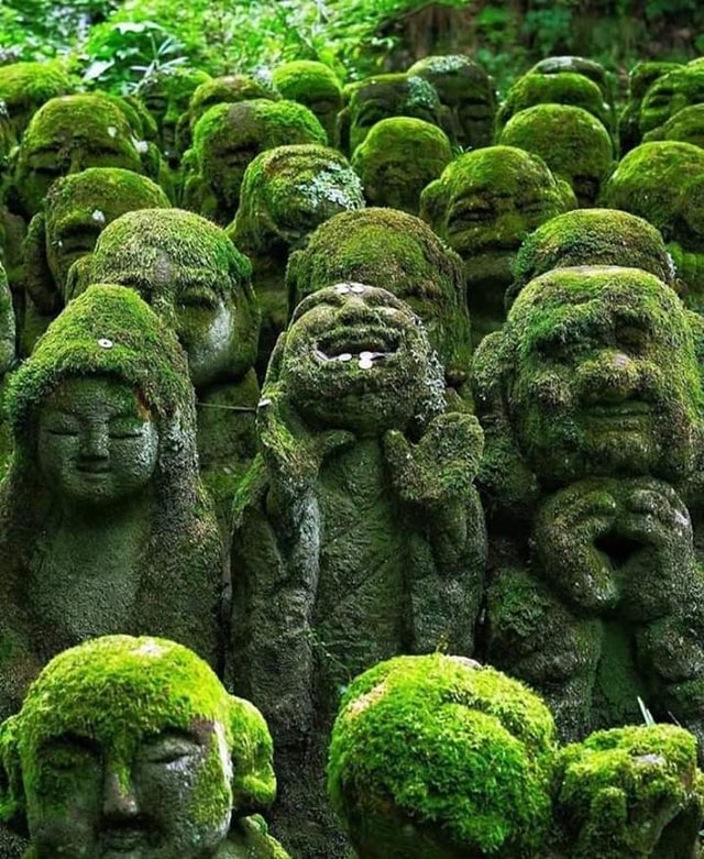 1,200 stone sculptures with different facial expressions at the nenbutsu-Ju Buddhist temple in Kyoto, Japan