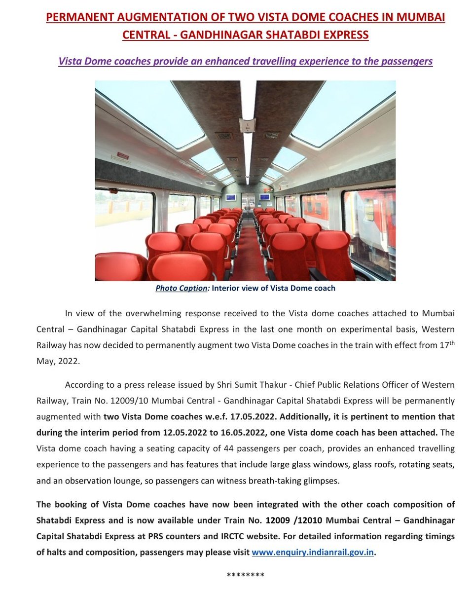 WesternRly's tweet photo. WR to permanently attach 2 Vista Dome coaches in Mumbai Central – Gandhinagar Shatabdi Exp wef 17.05.2022, in view of overwhelming response received to these coaches.
@RailMinIndia
@drmbct https://t.co/sHvNAs3aWT