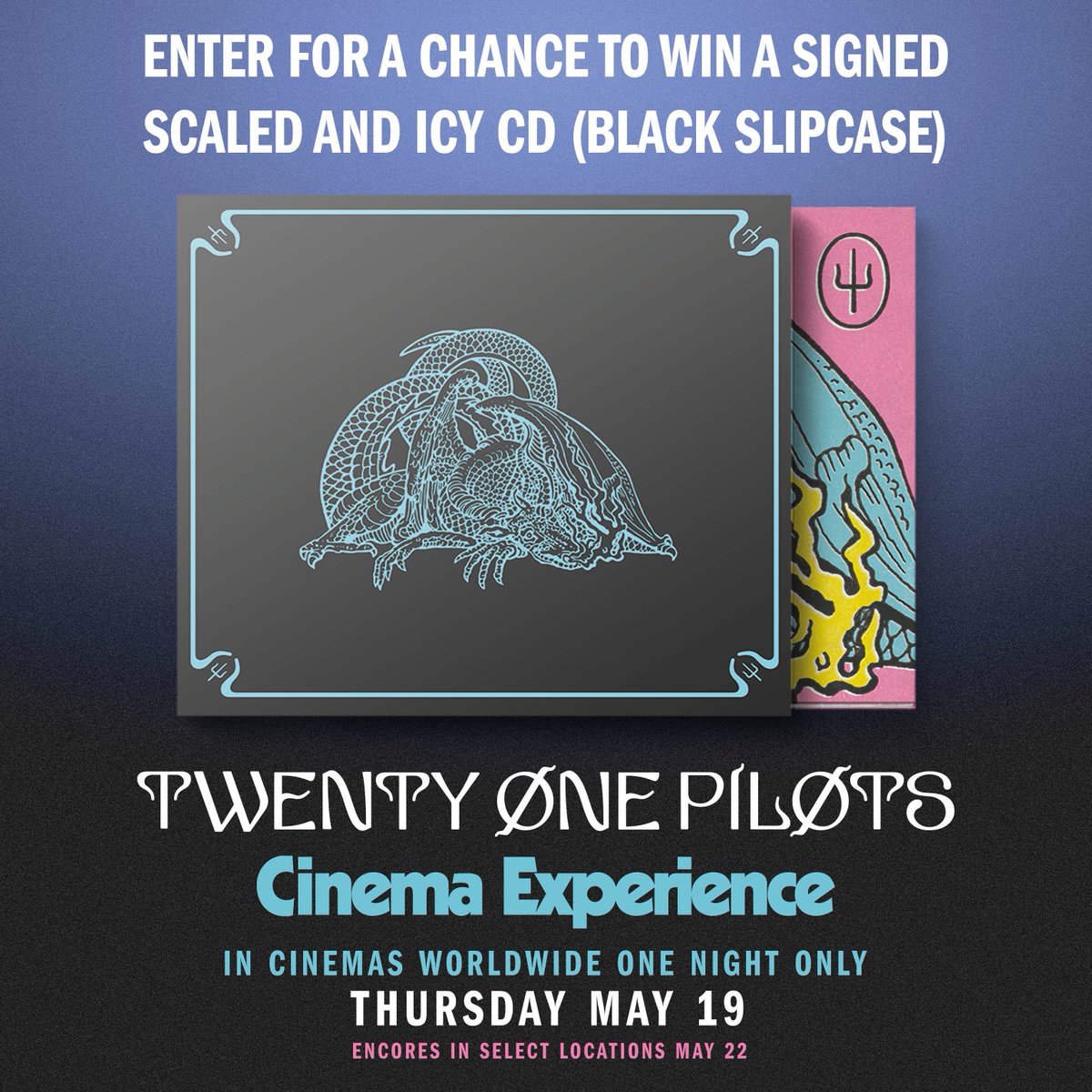 Cinemark's tweet photo. FOLLOW US and RETWEET this post for a chance to win a Scaled and Icy CD ✨SIGNED✨ by @twentyonepilots!

No Purchase Necessary. U.S/D.C. only, 18+. See Official Rules for all details. Enter by 5/23/2022. Rules: https://t.co/oI4eWbbP2d https://t.co/1EtApK887l