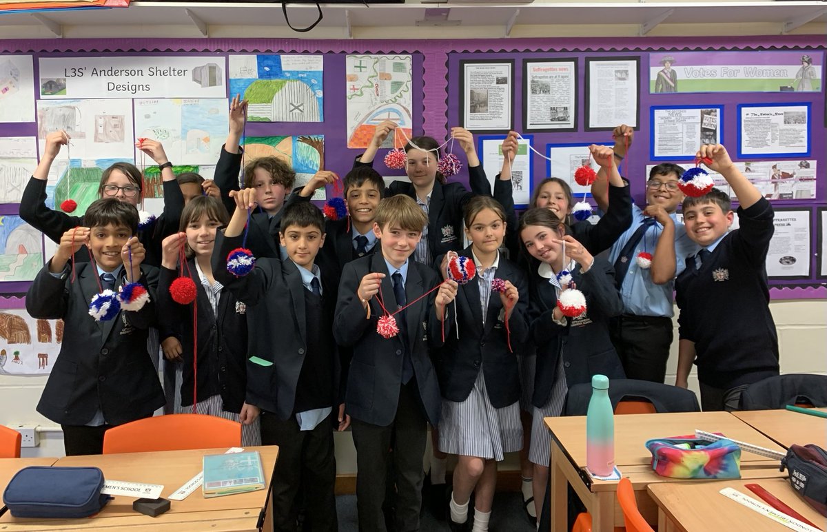 FreemensCAP's tweet photo. As part of Enrichment, some L3 (Year 6) pupils have been making  red, white &amp; blue pompoms and bunting for a local charity’s garden party @TheGrangeCentre #PlatinumJubilee #powerofpartnerships #LoveFreemens https://t.co/D9h9wn49ta