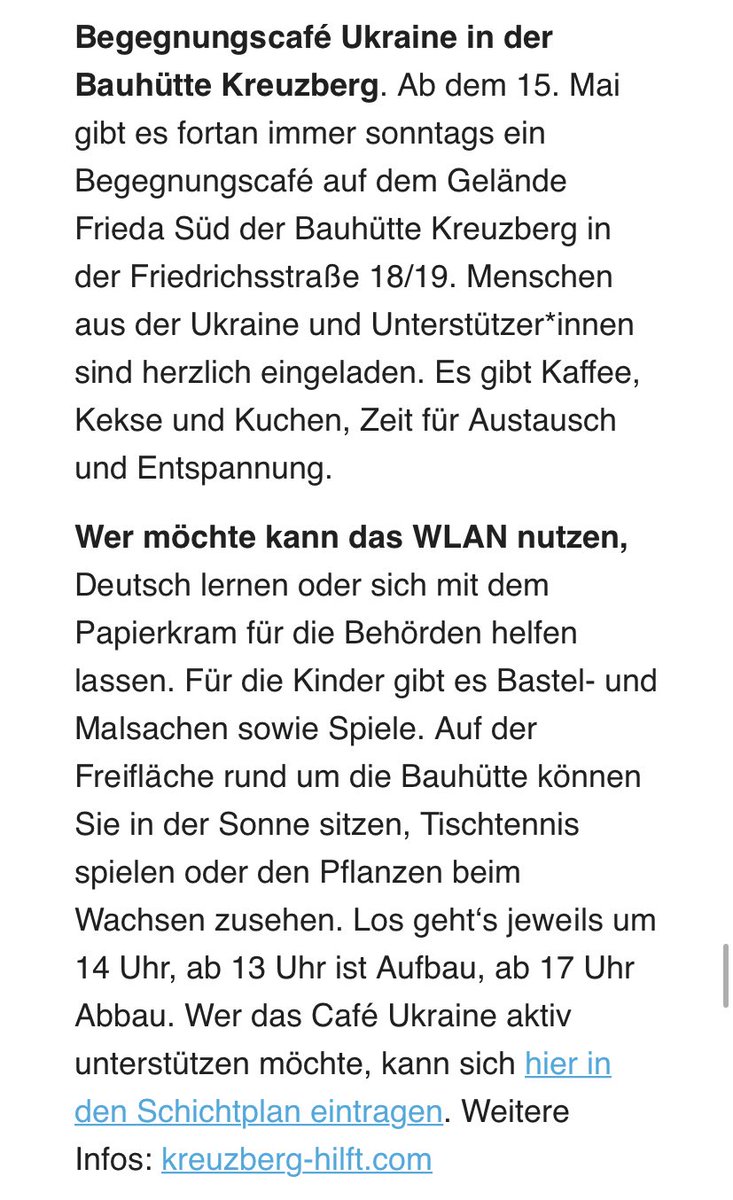 Wir von #Kreuzberghilft haben da was für Euch: Beim Begegnungscafé Ukraine in #BauhütteKreuzberg wollen wir ab Sonntag jede Woche neue und alte Nachbar:innen zusammenbringen. Kommt vorbei ☕️ 🍰 #refugeeswelcome #UkraineUnderAttack <a href="/tspleute/">Tagesspiegel Bezirke</a> <a href="/cora_vb/">Corinna von Bodisco</a> leute.tagesspiegel.de/friedrichshain…