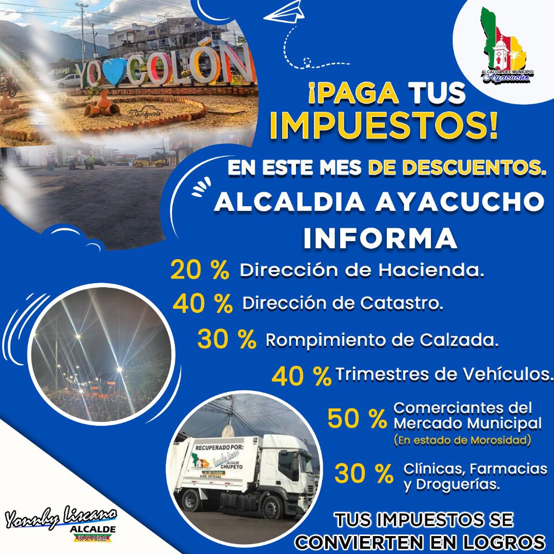 Tus impuesto se convierten en Logros 🟢🔴🟡

En Mayo tenemos descuentos ✅

20% Dirección de Hacienda.
40% Catastro.
30% Rompimiento de Calzada. 
40% Trimestre de Vehículos.
50% Comerciantes del Mercado Municipal (En estado de Morosidad) 
30% Clínicas, farmacias y Droguería.