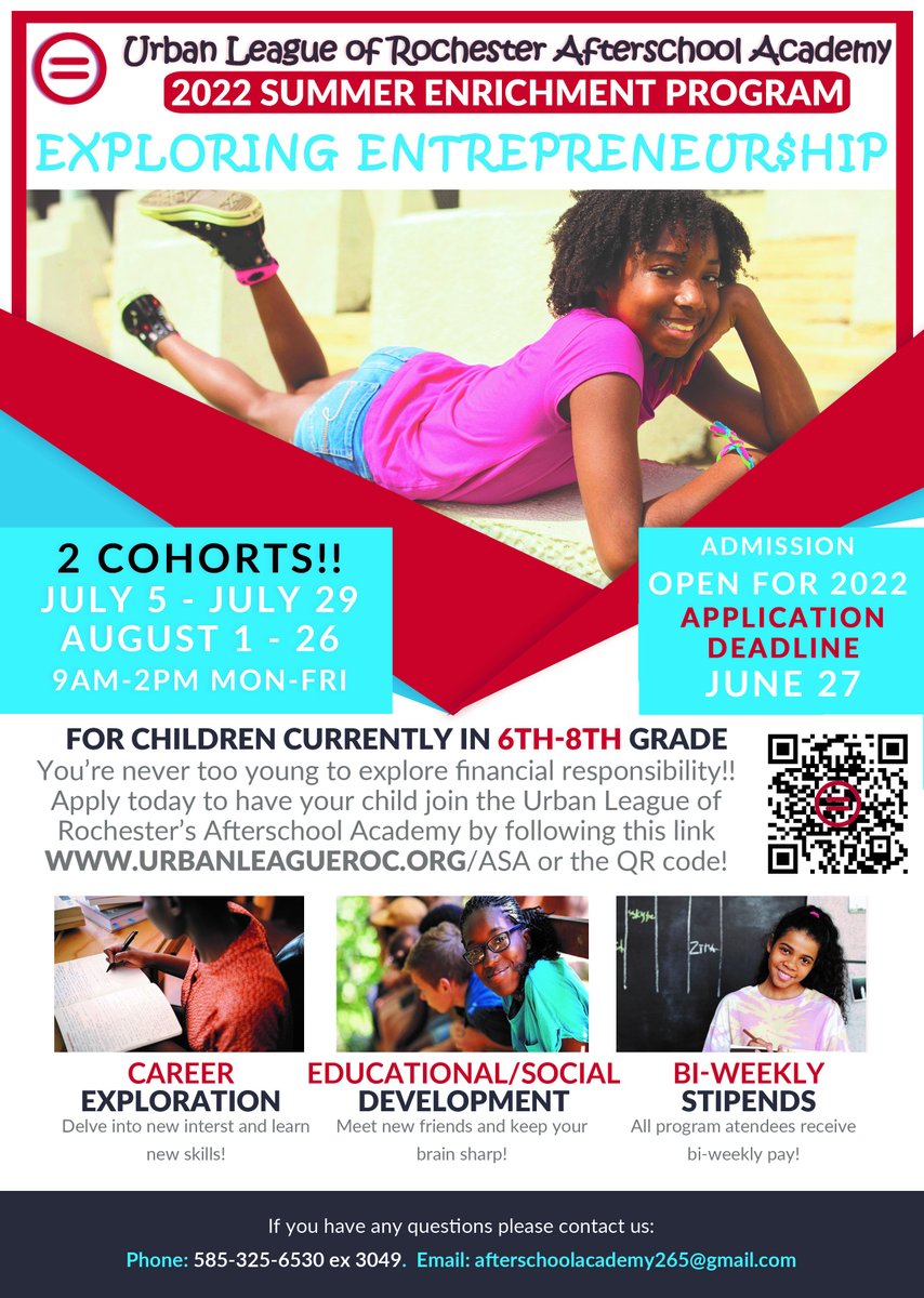 The application is now LIVE for our Afterschool Academy's Summer Enrichment Program. This is for students currently in 6th-8th grade, and the deadline is June 27. Apply today at urbanleagueroc.org/asa!