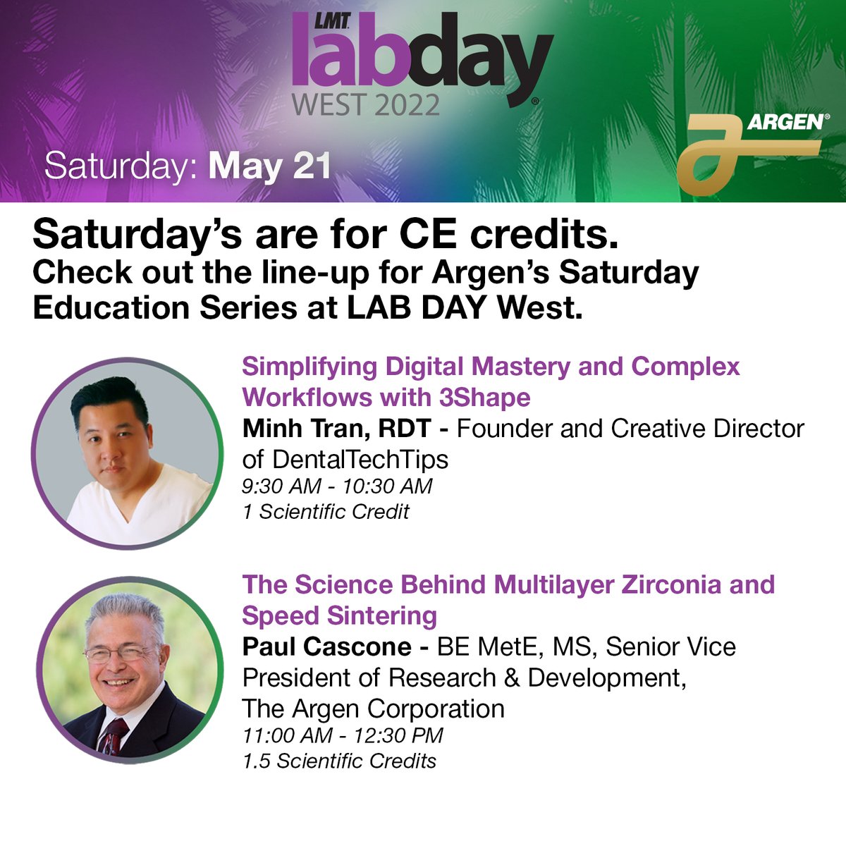 Argen_Corp's tweet photo. Come hear Minh's tips for streamlining the digital workflow and Paul's insights for nesting and speed sintering. 
Click the link in our bio to sign up. #Argen #LMT #LABDAYWest https://t.co/iq7xhSETog