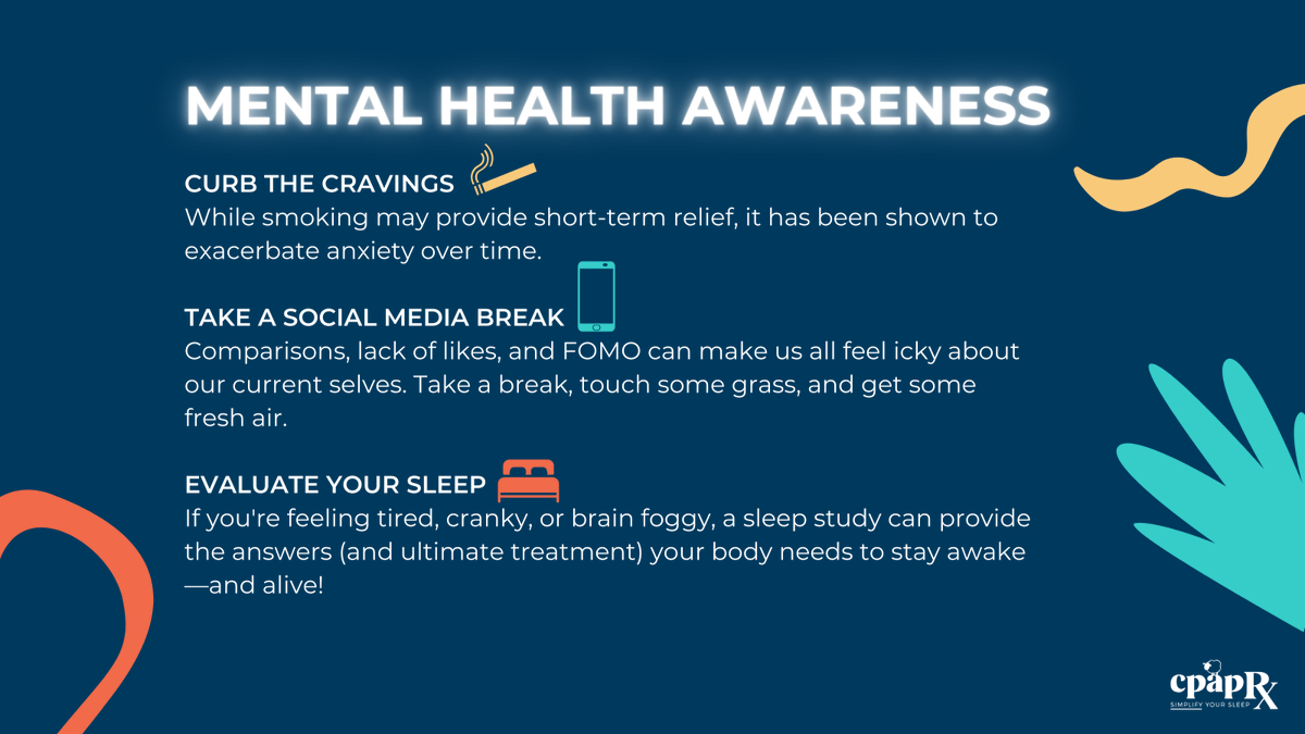 cpapRX's tweet photo. #MentalHealth and #SleepHealth are linked in each facet of our lives. For #MentalHealthAwarenessMonth , we're bringing some quick + easy tips to ensure your body &amp; brain are working their best. Together. 

To learn more about #athomesleeptests, click here: https://t.co/FiE9f0t4k7 https://t.co/cEZo8Rq6Zn