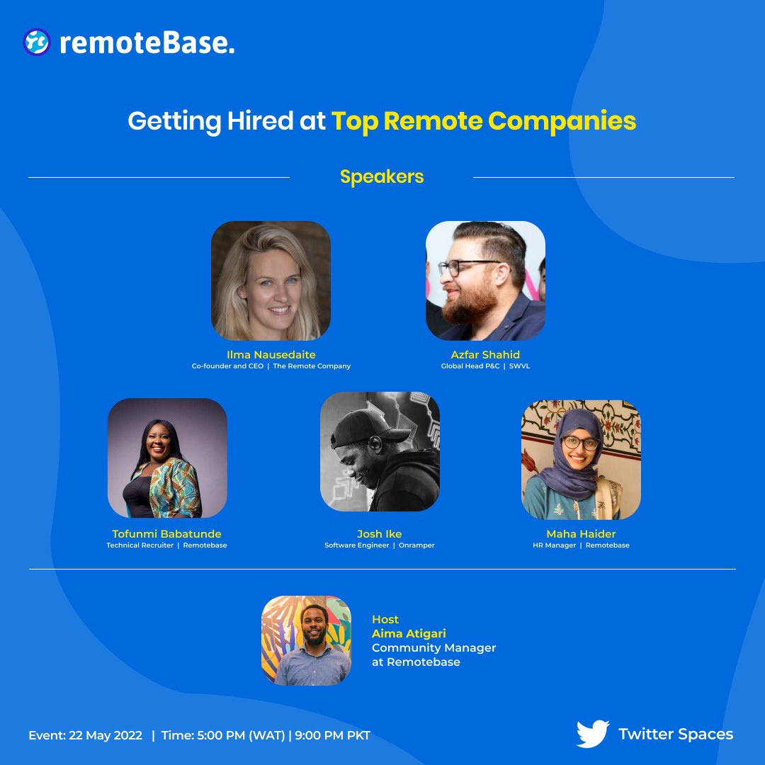aimaatigari's tweet photo. 👋You have the talent yet you haven’t landed your dream Remote job.

Join us on twitter spaces as top remote organizations tell us what they are looking for in their ideal candidate. 

You don’t want to miss this! Set a reminder now👇🏽#RemoteWork #RemoteBase #RemoteCompany https://t.co/iUbmw20Dbw