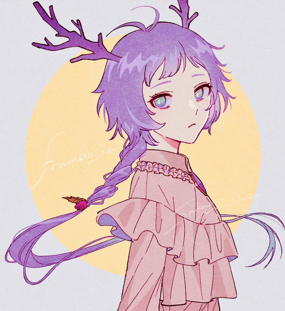 purple hair solo braid long hair antlers looking at viewer 1boy  illustration images