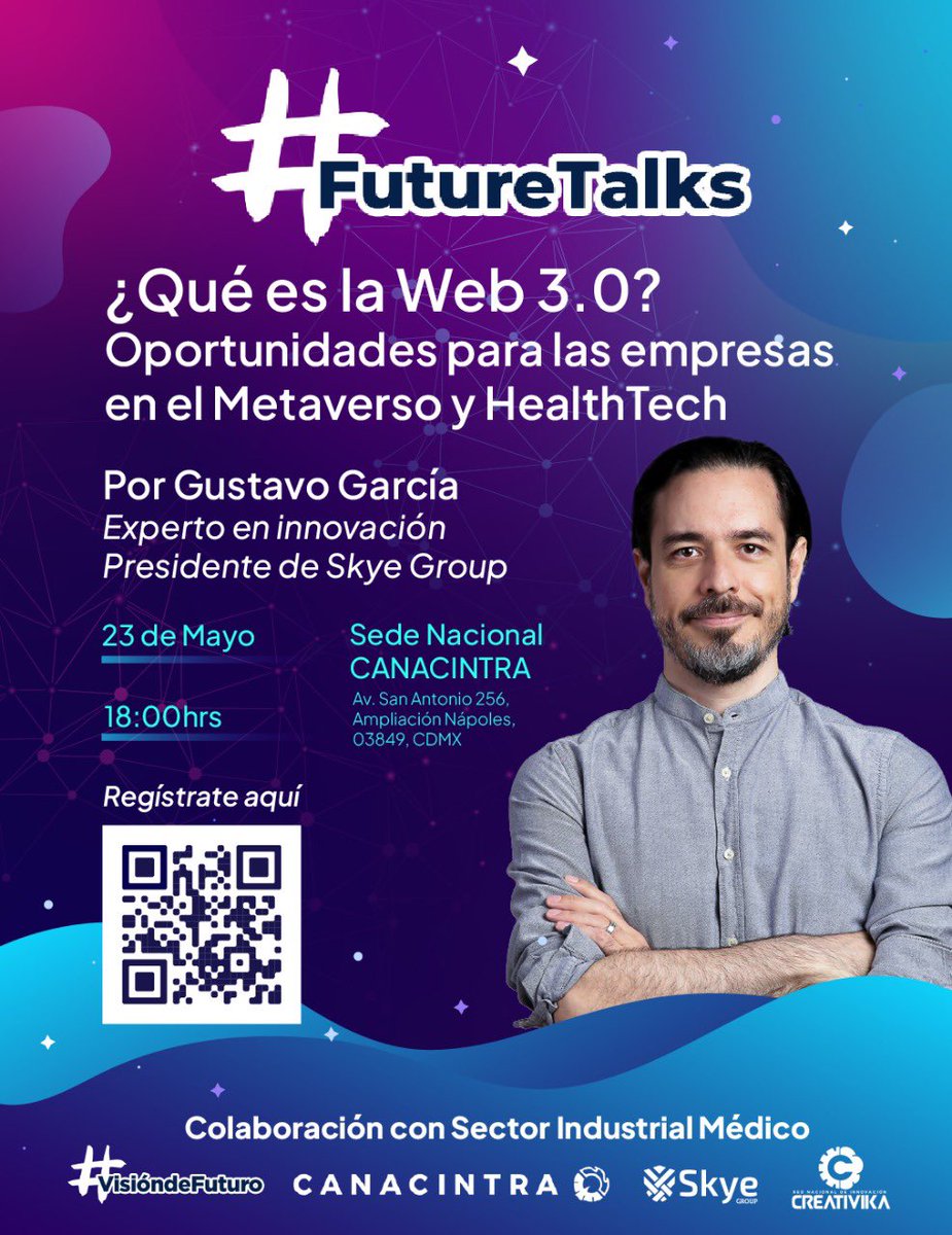 Las grandes trasformaciones nacen para solucionar retos que permiten reaccionar de forma creativa y dinámica haciendo uso de las nuevas tendencias, por ello iniciamos con #FutureTalks. 

🌐 ¿𝗤𝘂𝗲́ 𝗲𝘀 𝗹𝗮 𝗪𝗲𝗯 𝟯.𝟬?
🗓️ 23 de mayo
⏰ 18:00 hrs.
📲 bit.ly/MetaversoHealt…
