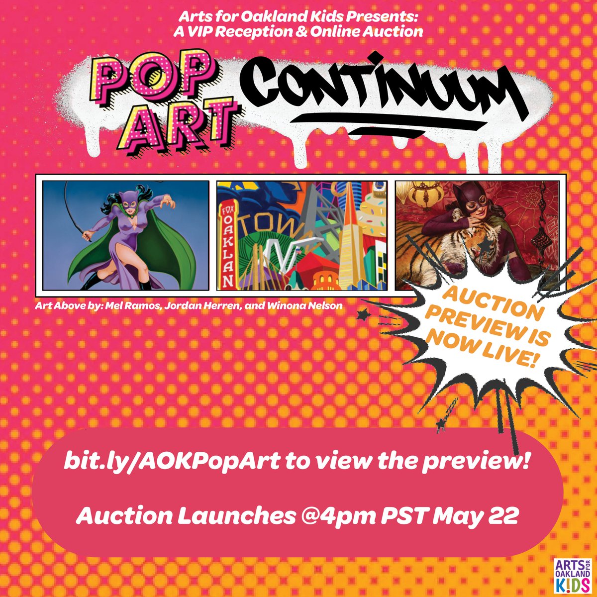 The Preview Pop Art Continuum is OPEN! Get a sneak peek at the incredible selection of work that celebrates the magic and legacy of #PopArt bit.ly/AOKPopArt! Proceeds will fund arts education grants serving kids in Oakland.  The #auction goes live @ 4pm on May 22 for bids!