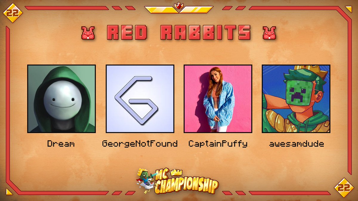 MCChampionship_'s tweet photo. 👑Announcing Team Red Rabbits👑

@Dream @GeorgeNotFound @CptPuffy @theawesamdude

Watch them in MCC on Saturday May 28th at 8pm BST! https://t.co/tXUMHLTsUA