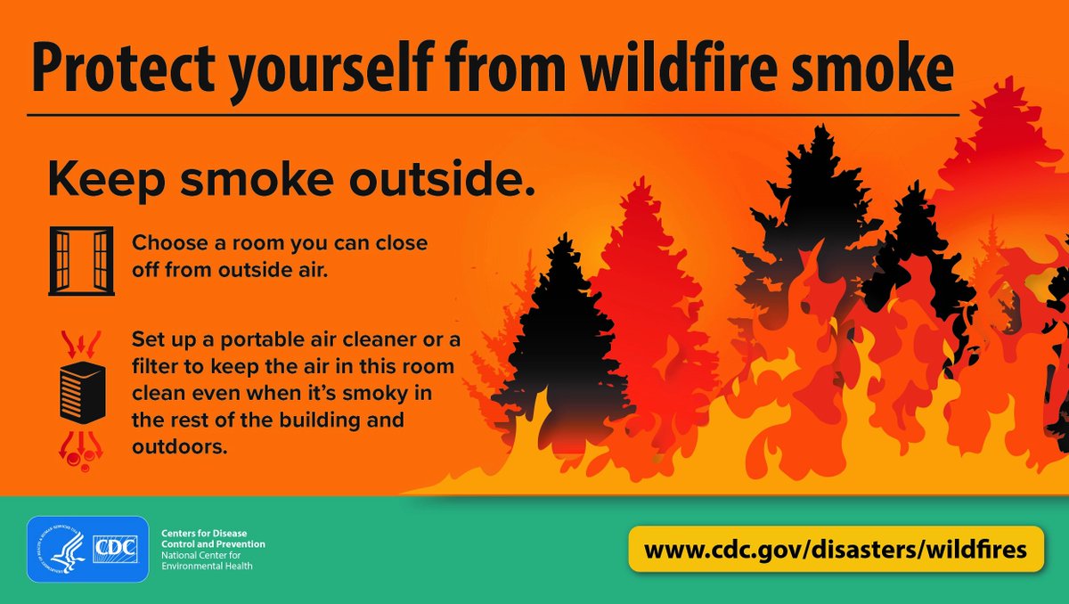 A graphic shows trees surrounded by fire. The text says "Protect yourself from wildfire smoke. Keep smoke outside. Choose a room you can close off from outside air. Set up a portable air cleaner or a filter to keep the air in this room clean even when it's smoky in the rest of the building and outdoors." 
