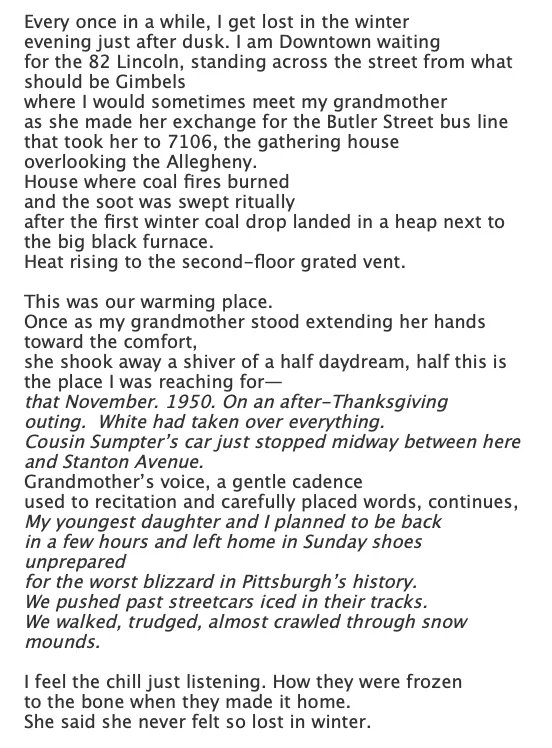 Gwendolyn A. Mitchell's "Lost in Winter" in <a href="/Sampsonia_Way/">Sampsonia Way Mag</a>—she writes, "This was our warming place." buff.ly/37o7h9B

Hear her in person alongside <a href="/zecatsmeow/">ゆい🌏</a>, <a href="/myhyacinthgirl/">Margaret Hyacinth, spooky version 🦇</a>, Timons Esaias, &amp; @DoogEkim for Week 2 of @HemingwaysPoetry! 5/17, 7pm: buff.ly/3OgqWc1
