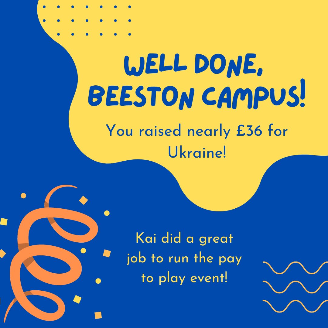Beeston Campus have raised £35.70 in support for Ukraine. Well done for all the hard work, Kai!