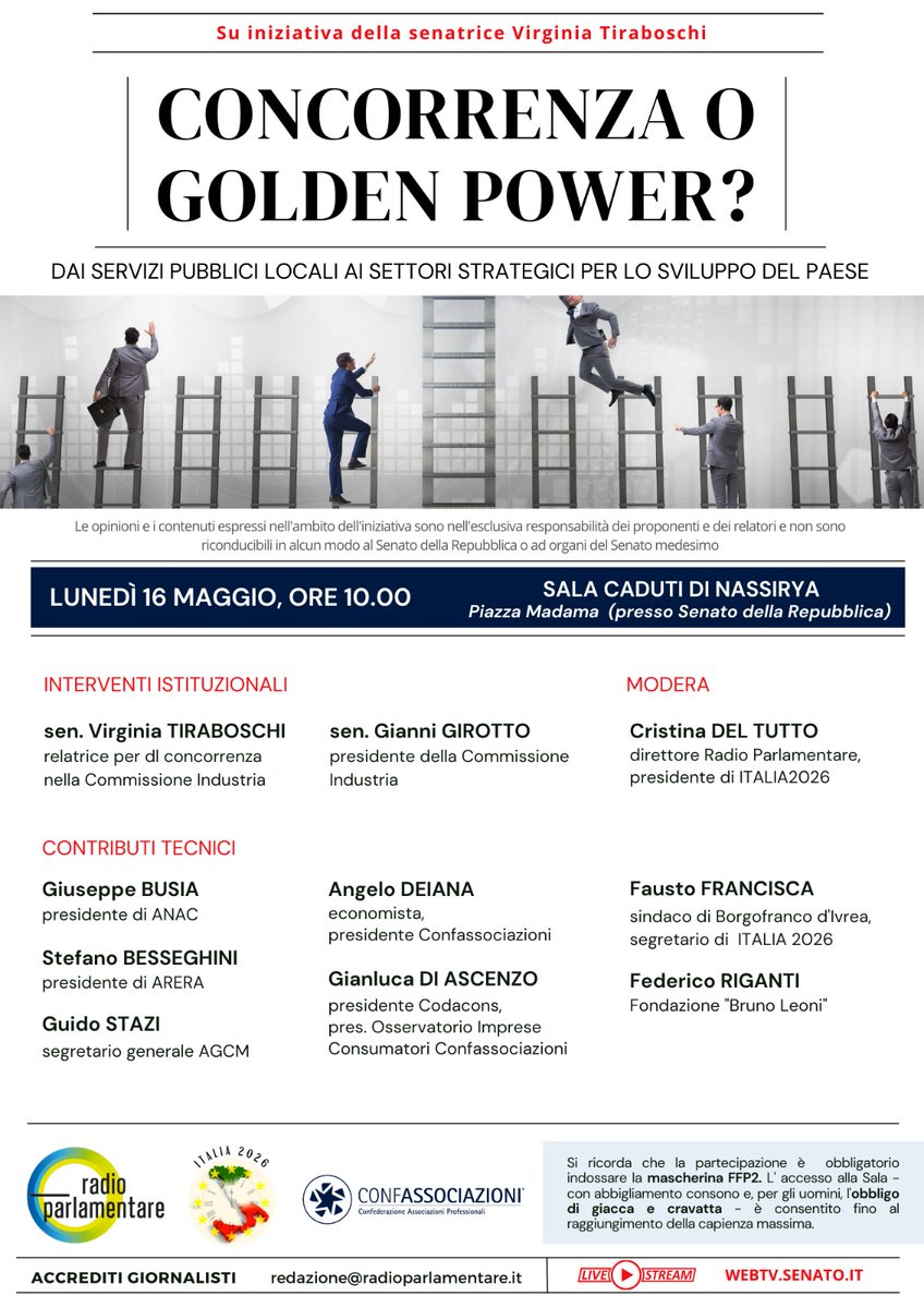 #Senzafrettamasenzasosta Lunedì 16/5 alle 10 saremo al Senato Della Repubblica - Sala Caduti Di Nassirya per parlare di #ddl #concorrenza #goldenpower #mercati #economia #professionisti #Confassociazioni #laretedellereti #AzionistidelPaese #sviluppo