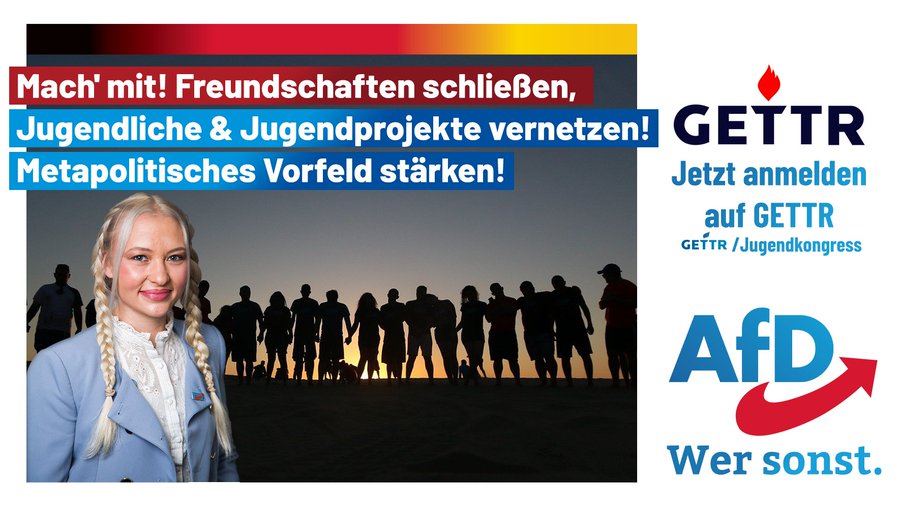 Freu' dich auf den 1. "#JugendKongress" im Sommer 2022 (u.a. mit Friederike <a href="/Hagelstein_AfD/">Hagelstein_AfD</a>)! 

Neue #Freundschaften schließen, dich besser vernetzen, eigene Projekte präsentieren! Sei dabei! Wo in 🇩🇪?: gettr.com/post/p19hg8pc2…

Vorher: #AfDNRW wählen! Am 15.05.! #AfD #NRW #LtwNRW