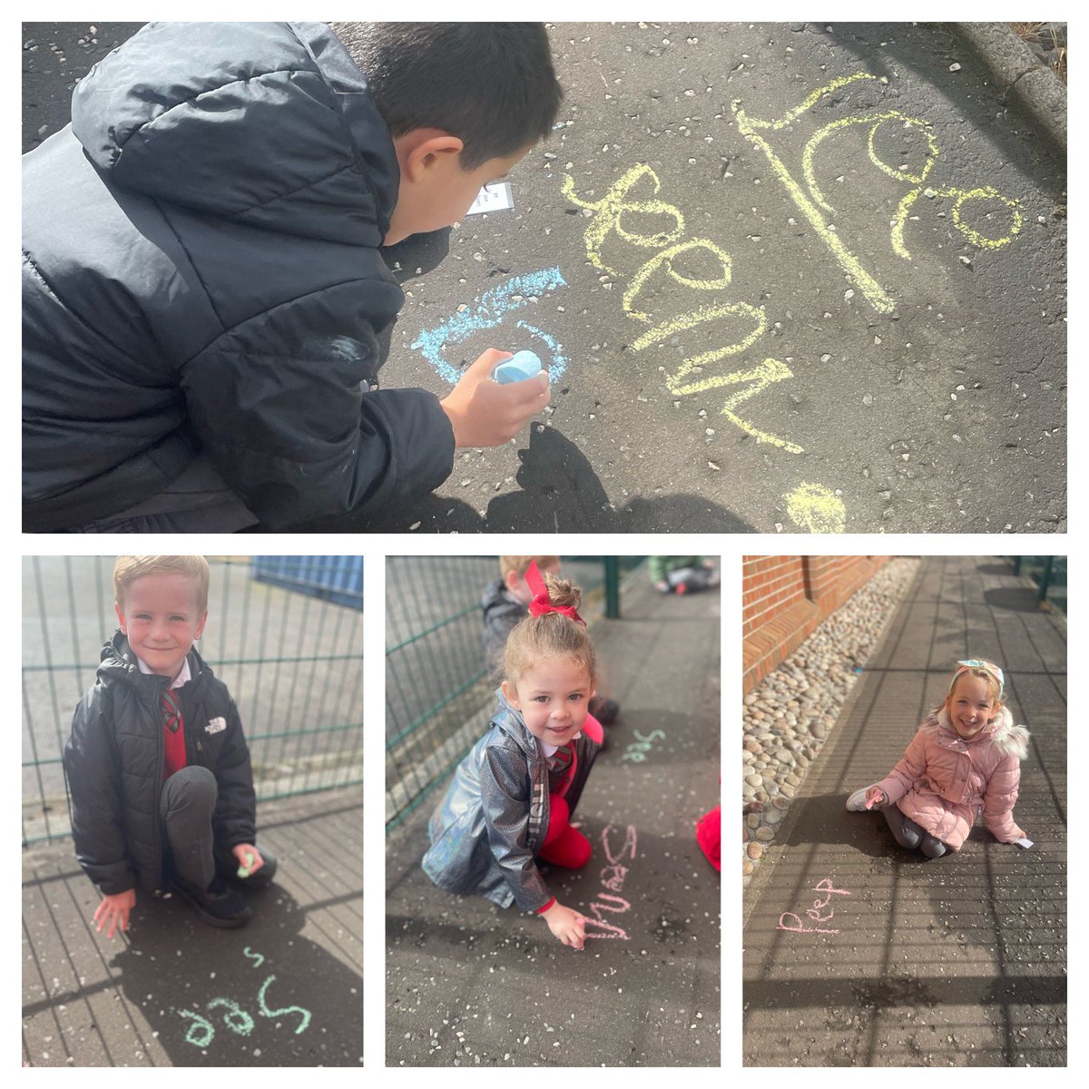 AitkenheadS's tweet photo. Today Primary 1 practised writing ‘ee’ words with chalk on the playground. It was a great change from magnetic boards and they thought of super words 🤩@teach_outdoors #chalkchallenge #teachoutdoors https://t.co/lUmfx6SPxW
