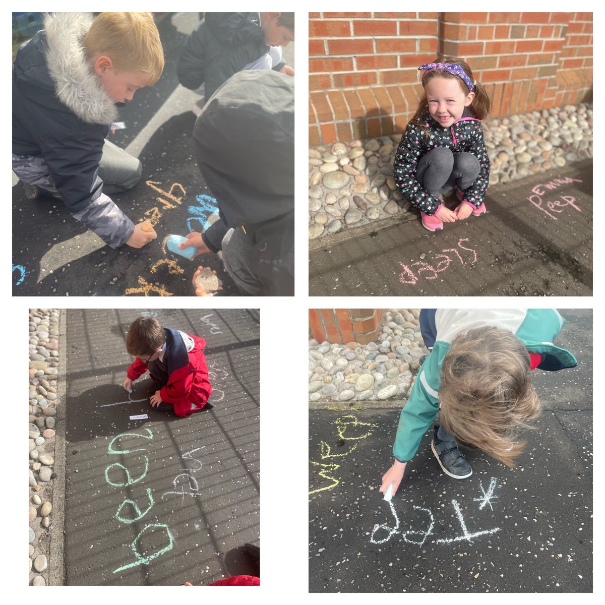 AitkenheadS's tweet photo. Today Primary 1 practised writing ‘ee’ words with chalk on the playground. It was a great change from magnetic boards and they thought of super words 🤩@teach_outdoors #chalkchallenge #teachoutdoors https://t.co/lUmfx6SPxW