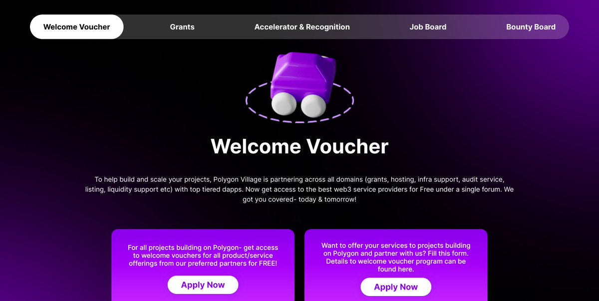 0xBugga's tweet photo. #PolygonAlpha Builders can potentially get 🆓 welcome vouchers across all domains (grants, hosting, infra support, audit service, listing, liquidity support etc) with top tiered dapps with Polygon Village. 

Check it out now! https://t.co/HtFEqRFV9W https://t.co/pAmOYiPRdh