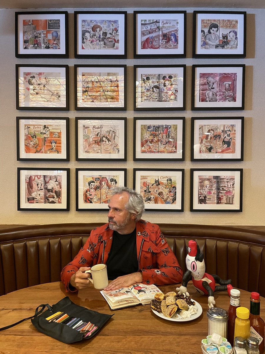 garybaseman's tweet photo. A NEW good reason to eat at Canter’s!
Such an honor to have a booth of my sketchbook drawings all done while eating at @cantersdeli 
Each drawing tells a story! 
This booth is dedicated to my mom, Naomi, who was the head bakery sales lady at Canter’s for 35 years. https://t.co/i3pakaUzBH