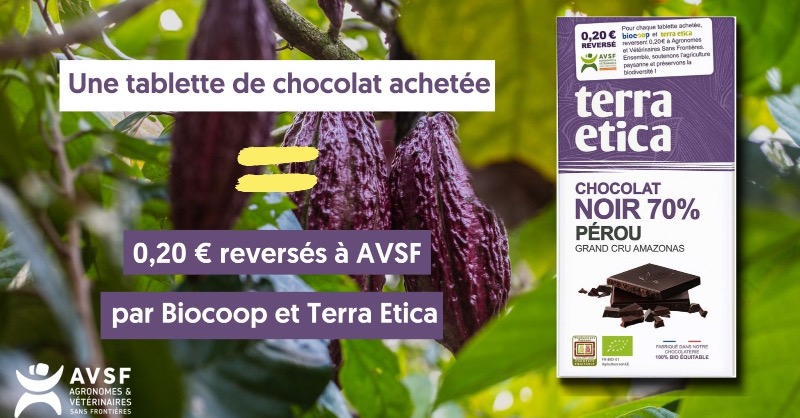 AVSF_ONG's tweet photo. Faites-vous plaisir en soutenant AVSF ! @Biocoop et Terra Etica ont mis en vente une tablette de chocolat dont 0,20 € sont reversés à AVSF à chaque achat 🍫 Son cacao est produit au Pérou par Norandino, découvrez l'histoire de cette coopérative #EquitablePartout