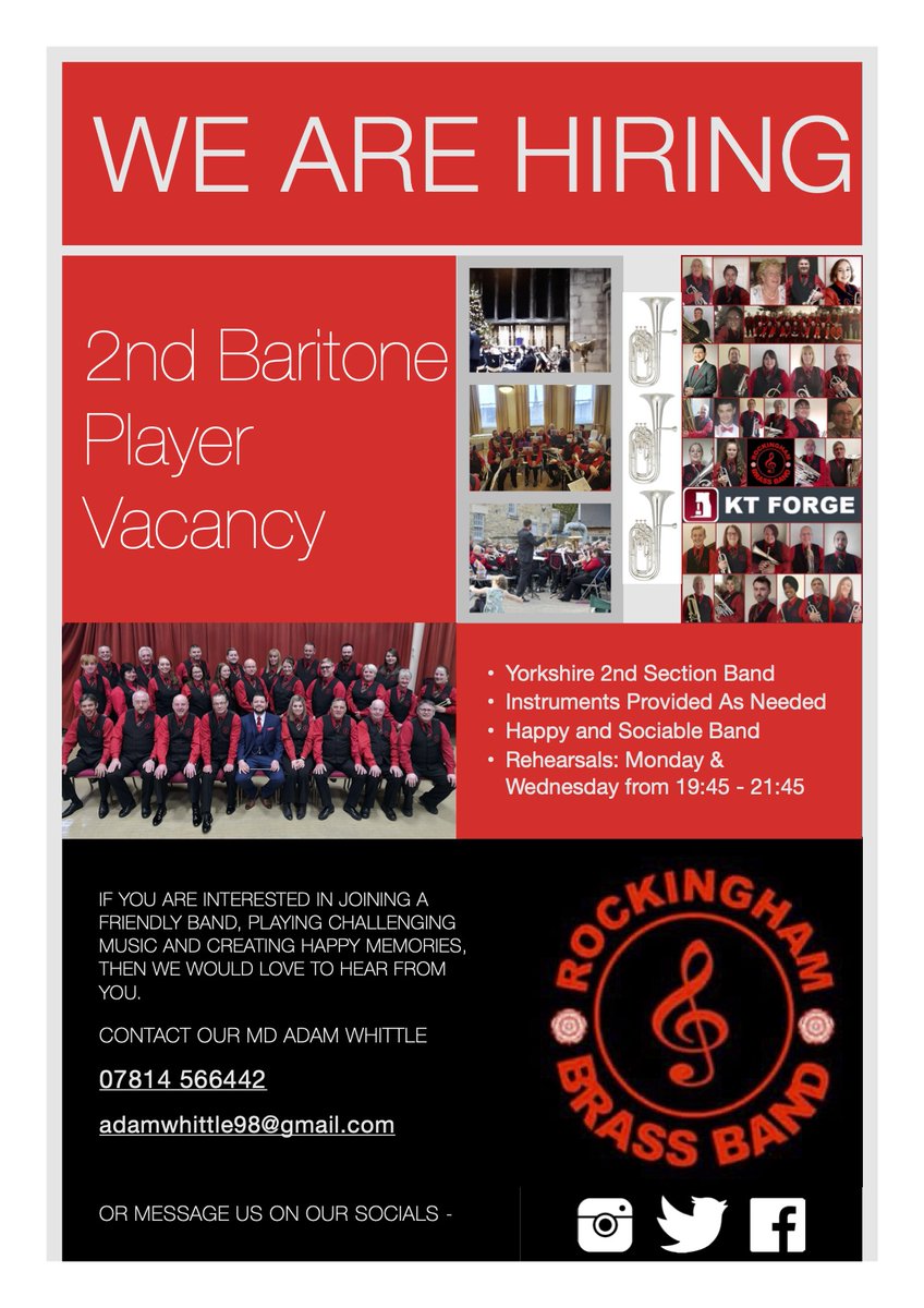 RockinghamBrass's tweet photo. **ATTENTION BARITONE PLAYERS**
Rockingham Is Hiring!
If you'd like to join our lovely banding family, please use the contact details below! https://t.co/h8BQyM1Ym2