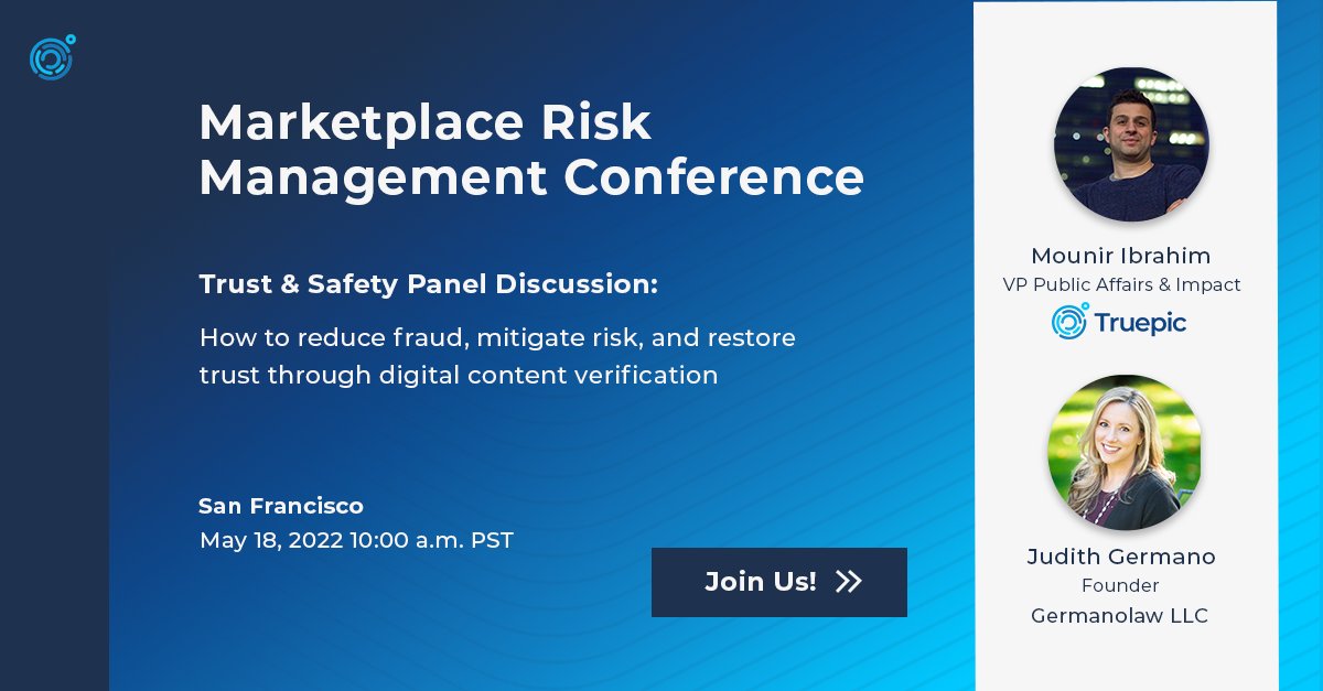 truepic's tweet photo. Join us on May 18 @ 10:00 am PST at @MarketplaceRisk for a discussion on How to Reduce Fraud, Mitigate Risk, and Restore Trust through Digital Content Verification with speakers @JudiGermano and @_mounir_ibrahim. More here: https://t.co/1jFzBlpYRW
#Truepic #MarketplaceRisk https://t.co/pvEFzAmwgH