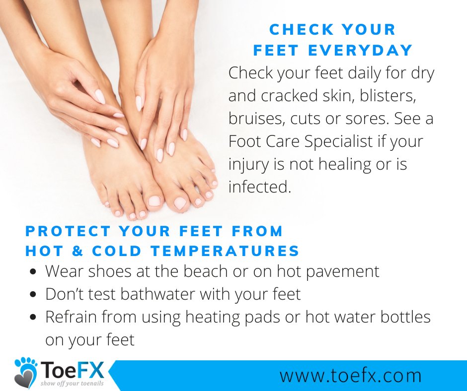 toe_fx's tweet photo. Preventing injuries is a very important part of foot care. Check out the tips below on how to protect your feet from hot and cold temperatures.
 #ToeFX #healthyfeet #chiropodist #podiatrist #onychomycosis #toenailfungus https://t.co/5QtkycPGde