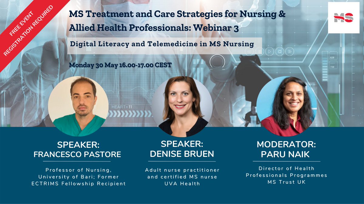 On 30 May #WorldMSDay, watch Francesco Pastore <a href="/kekkonet/">Francesco Pastore</a> from <a href="/unibait/">Uniba.it Aldo Moro</a> and Denise Bruen from <a href="/UVAHealth/">UVA Health</a> discuss digital literacy &amp; telemedicine in #MSnursing in a free ECTRIMS webinar moderated by Paru Naik <a href="/mstrustdirector/">Paru Naik (she/her)</a> from <a href="/MSTrust/">MSTrust</a>

Register today ➡️ bit.ly/38hFTuz