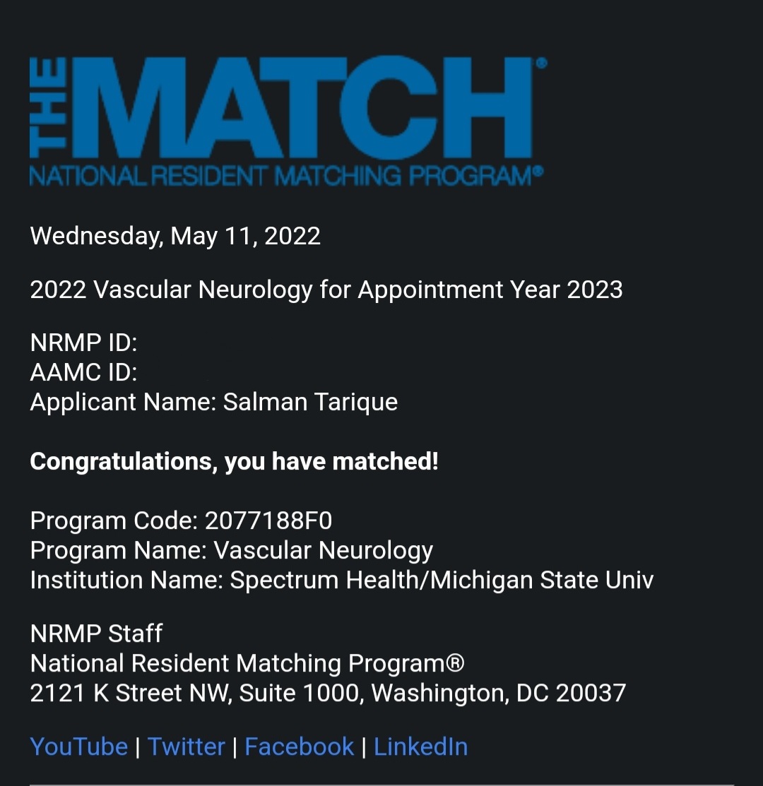 SalTarique's tweet photo. Looking forward to the next chapter in life as a Vascular Neurology fellow at Spectrum Health / Michigan State University! Want to thank my family, friends, and mentors @UMMC_Neurology for their infinite guidance and support! https://t.co/XvuqUKlbMG