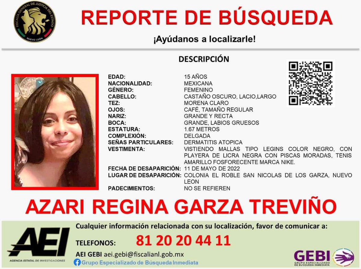 LoQuePasaEnNL's tweet photo. De nuevo molestándote @samuel_garcias solicitamos de tu colaboración para la búsqueda inmediata de AZARI REGINA GARZA TREVIÑO, tiene 15 años vecina de San Nicolás, replica el mensaje para el gobernador se active !!!

Cualquier información comunicarse a los ☎️:
📱81 20 20 44 11📱 https://t.co/giYT1nDXfW