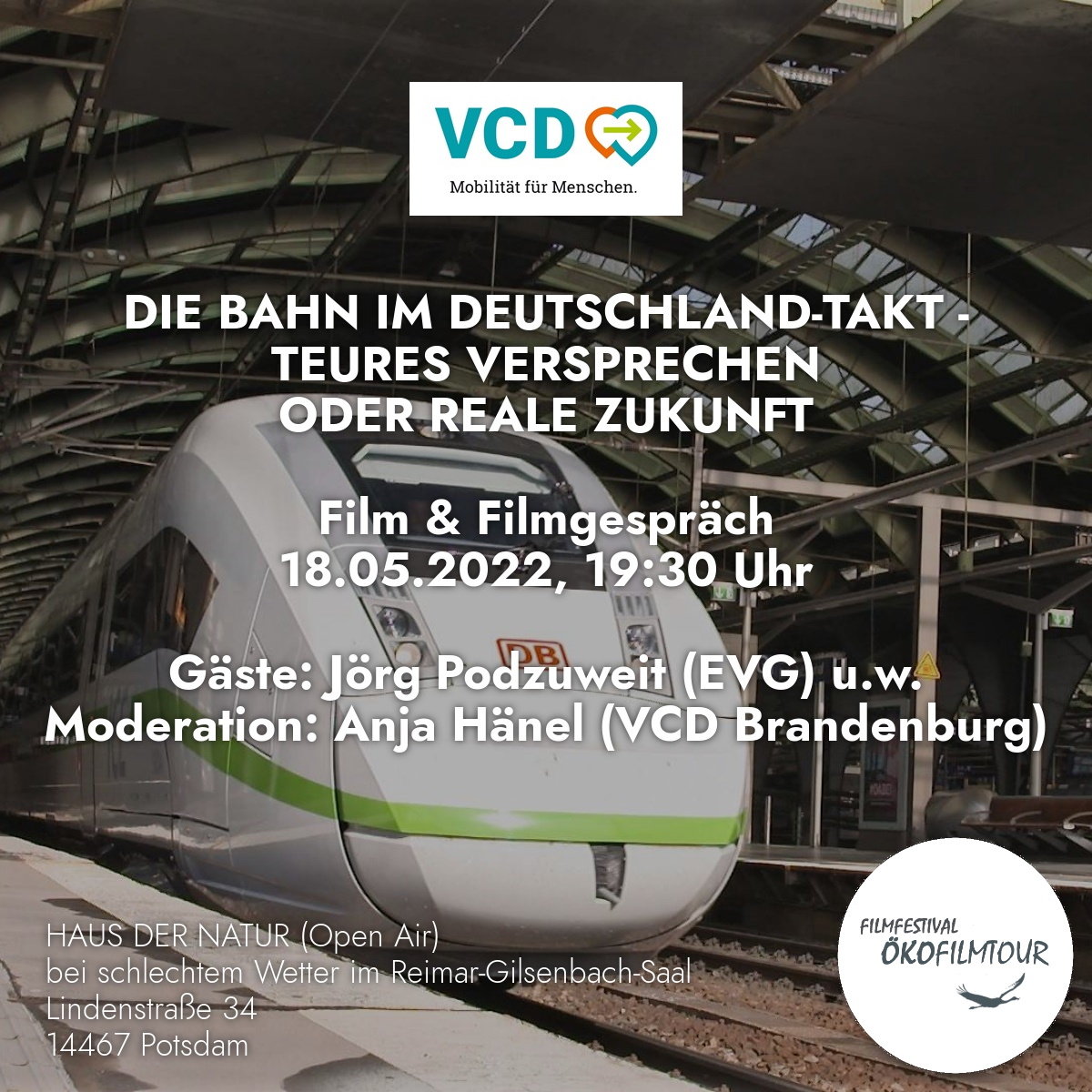 okofilmtour's tweet photo. Wer sich für das Thema Verkehr und die Bahn in DE interessiert, ist bei unserer nächsten #Ökofilmtour-Veranstaltung genau richtig! 🚄

📆18.5.22, 19:30, Haus der Natur #Potsdam

Anmeldung: anmeldung@oekofilmtour.de / 03312015535

Eintritt frei

In Kooperation mit #VCDBrandenburg https://t.co/Vlhpe0hlF2