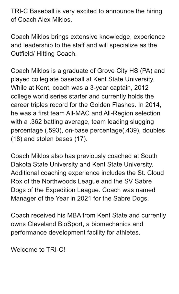 KyleStahlberg's tweet photo. TRI-C Baseball hires Coach Alex Miklos @BaseCoachMik !

@TriCAthletics 
@BryGuy17 
@KentStBaseball https://t.co/eASy9IdzYg