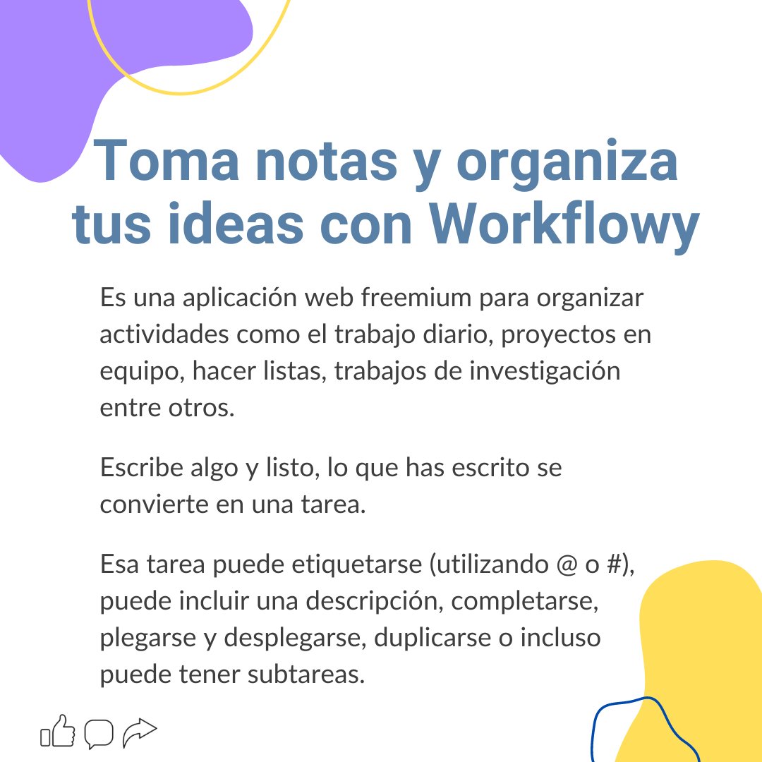 PinakusNews's tweet photo. Hoy les contamos sobre #workflowy, una aplicación web freemium para #organizar actividades como el trabajo diario, proyectos en equipo, hacer listas, trabajos de investigación entre otros. 

Encuentra la herramienta aquí: https://t.co/nUNSTFhGYp

#Pinakus 📖
#AprendiendoJuntos 👫 https://t.co/u4entv6ua4