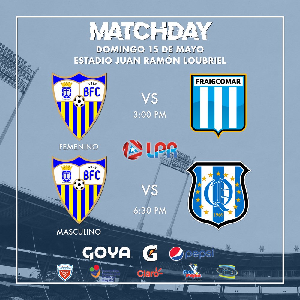 ¡Volvemos al Loubriel! Este próximo domingo nuestros equipos tendrán compromisos de la Liga Puerto Rico a partir de las 3PM cuando el equipo Superior Femenino enfrente a Fraigcomar y a las 6:30 PM el Masculino a la Academia Quintana. Ven y apoya a tu equipo. ¡Vamos Bayamón! 🙌🏻⚽️