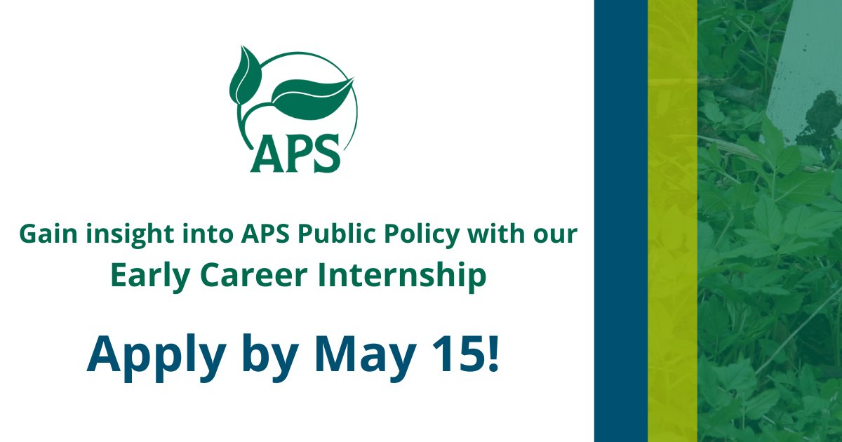 The American Phytopathological Society (@plantdisease) on Twitter photo The APS Public Policy Early Career Internship submission window closes May 15! The APS Public Policy Board is a great way to learn and apply advocacy skills to support science policy! Learn more about submission requirements here: bit.ly/3vdfrtf The APS Public Policy Early Career Internship submission window closes May 15! The APS Public Policy Board is a great way to learn and apply advocacy skills to support science policy! Learn more about submission requirements here: bit.ly/3vdfrtf