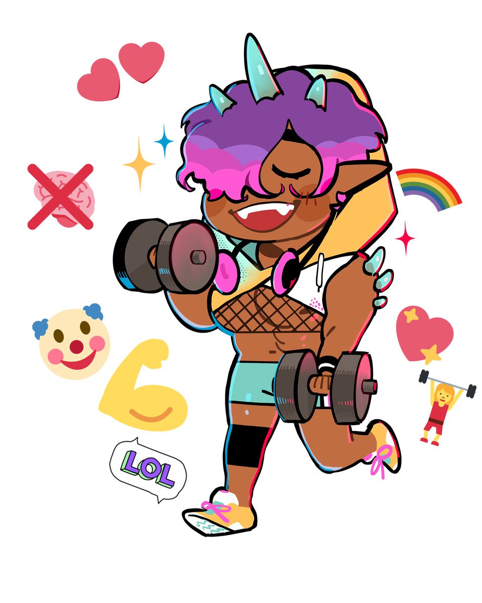 Iskandar from the game Spirit Swap running while lifting dumbbells. There are emoji stickers scattered around the image.