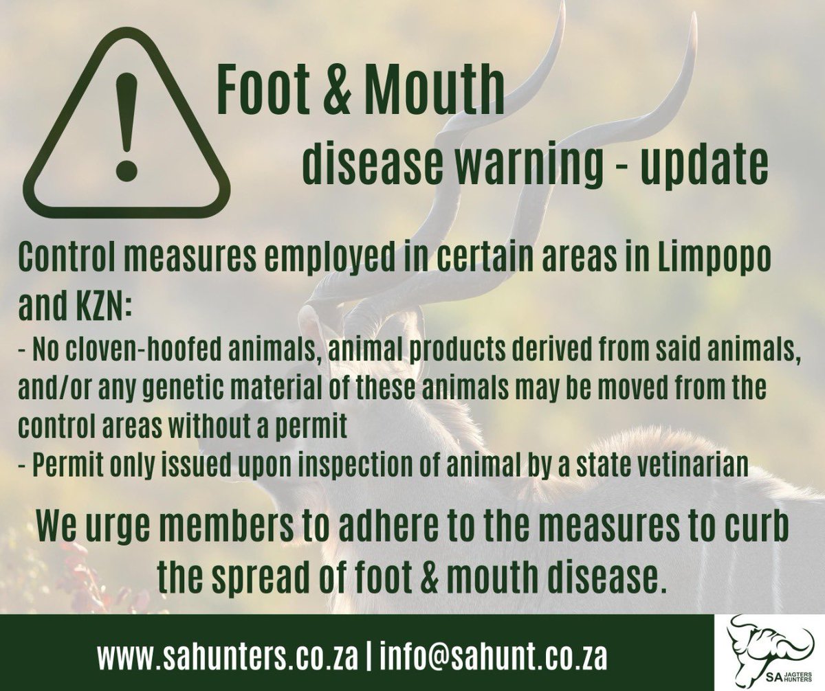SAJagters's tweet photo. The Department of Agriculture, Land Reform and Rural Development published control measures in the Government Gazette, affecting certain areas of Limpopo and Kwa-Zulu Natal under the Animal Diseases Act, Act 35 of 1984. Download the regulations here: https://t.co/1Y1OuZ3scw https://t.co/qknstXRH9U
