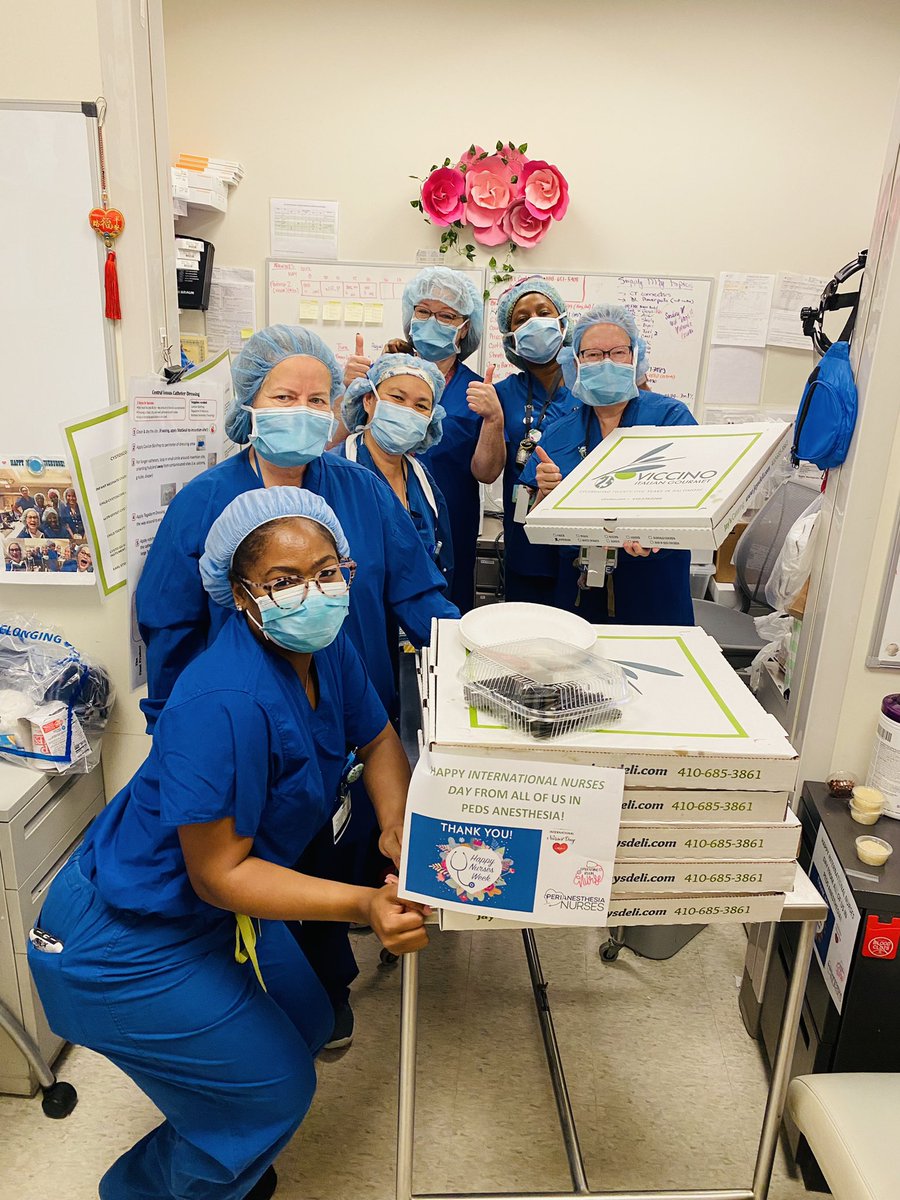 SapnaKmd's tweet photo. One of the most rewarding parts of #leadership- celebrating our incredible teams! 

#HappyInternationalNursesDay to our #perioperative &amp; #perianesthesia #nurses @HopkinsKids &amp; @HopkinsMedicine from all of us in #PedsAnes! 

🍕 🎉 #nursetwitter #NursesWeek https://t.co/MQy9ohC0b7