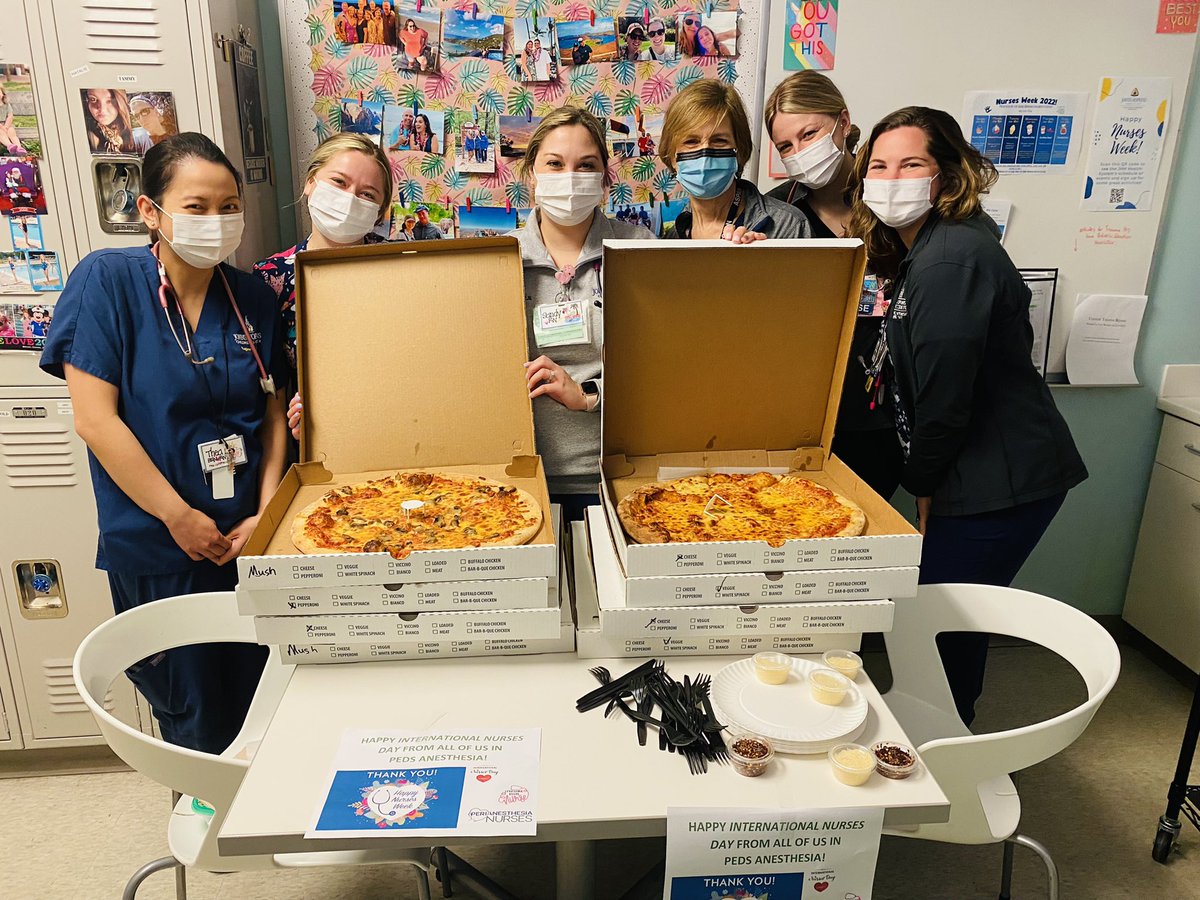 SapnaKmd's tweet photo. One of the most rewarding parts of #leadership- celebrating our incredible teams! 

#HappyInternationalNursesDay to our #perioperative &amp; #perianesthesia #nurses @HopkinsKids &amp; @HopkinsMedicine from all of us in #PedsAnes! 

🍕 🎉 #nursetwitter #NursesWeek https://t.co/MQy9ohC0b7