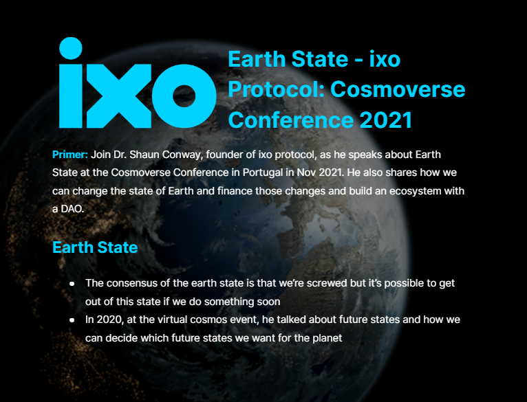The_ReadingApe's tweet photo. Today we're sharing a summary of the talk by @shaunbconway - founder of @ixoworld - about Earth State at the @CosmoverseHQ conference in Nov 2021. He shares about how we can change the state of Earth and how to finance those changes with a #DAO.

Read on 👇 https://t.co/4zjnNMAKj7