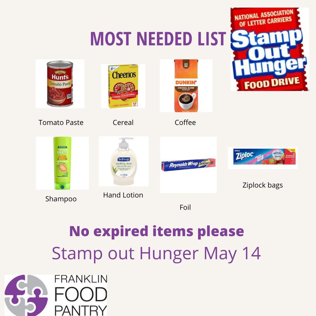 Reminder - letter carriers to pickup for Franklin Food Pantry on Saturday