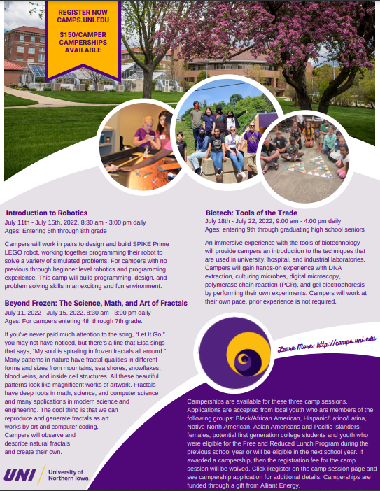 StemWloo's tweet photo. 💜💛University of Northern Iowa Summer Camps are posted! Camp options for K-12! The camp list is available at https://t.co/sZWKr6tJAh. UNI has camperships available to assist area youth in participating in the 3 STEM camps.  @WaterlooSchools https://t.co/wOxZWH3BqU