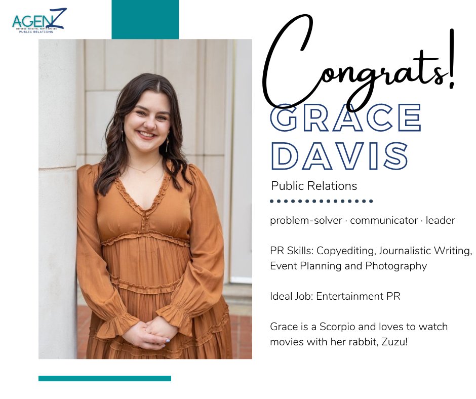 AGENZ #PR: 🥳 Grace, you did it! 🎓 As Client Manager for @MaybornUNT, she assisted in social media efforts, created podcast episodes and helped execute #CelebrateMayborn at #UNT. She was also AGENZ's photographer! CONGRATULATIONS, grad! 🎉 Time to celebrate!👏

#publicrelations